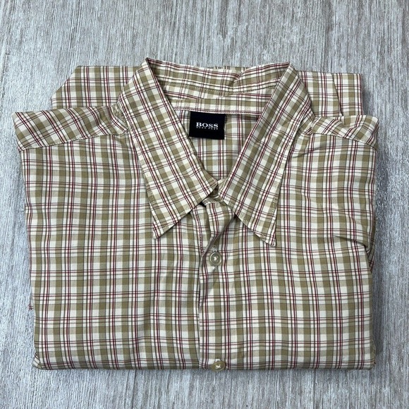 Hugo Boss Plaid Button Up Long Sleeve Shirt Men's Large Brown Beige Red - Picture 1 of 6